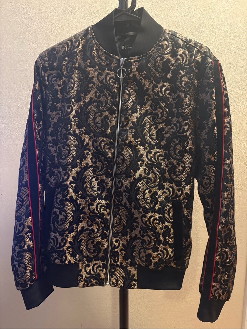 Black & Gold Damask Bomber Jacket with Red Trim